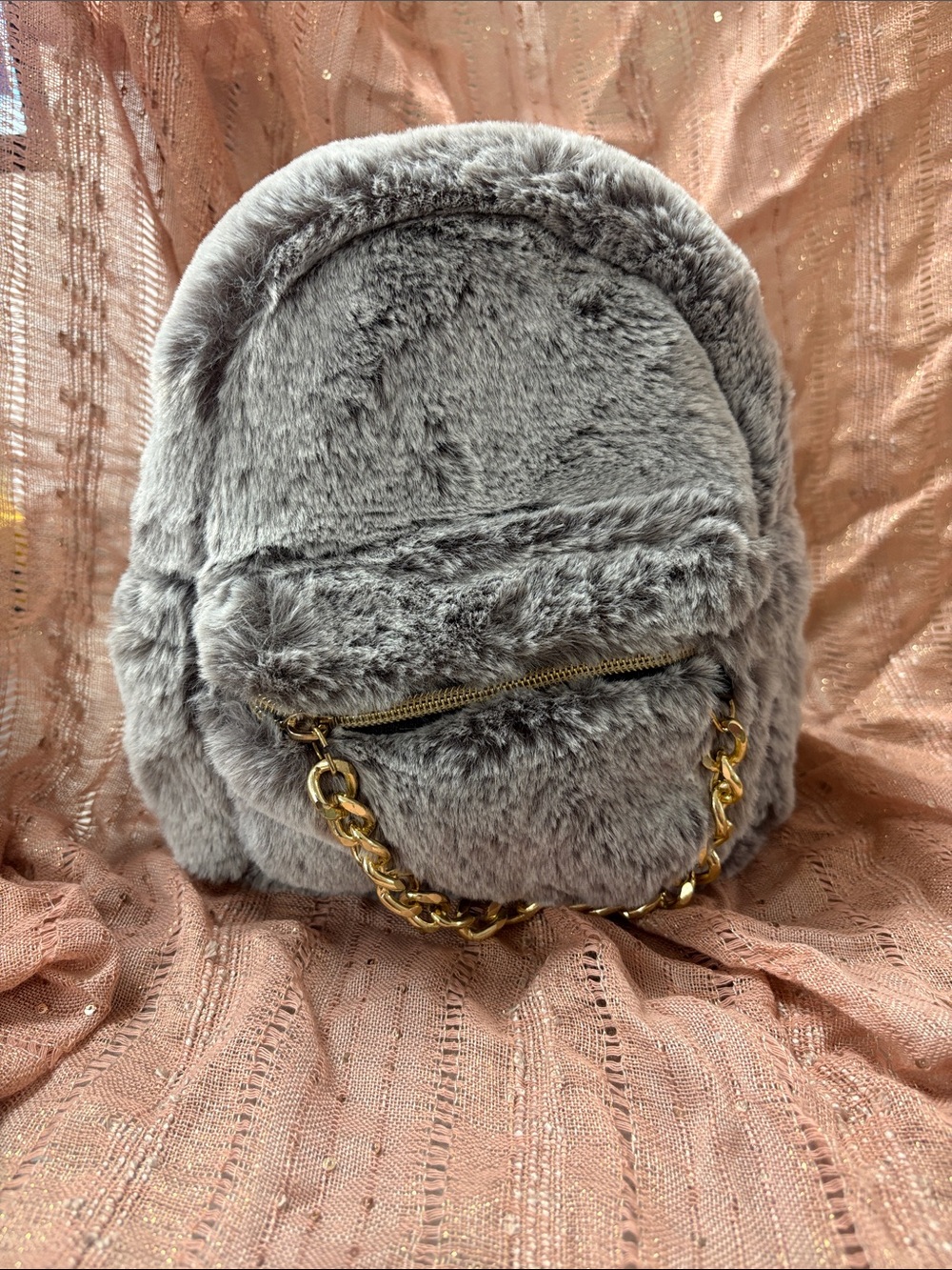 Icing Plush Faux Fur Mini Backpack - Light Gray with Gold Chain